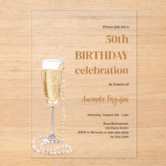 Birthday Weißgoldbläschen Weinperlen klar Acryleinladungen (Vorderseite)