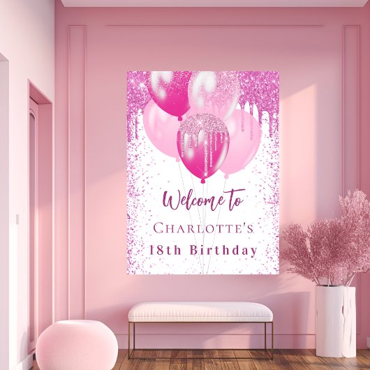 Birthday Weißrosa Ballons Mädchen willkommen Party Poster