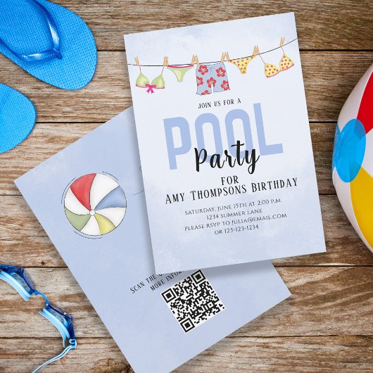 Birthday Whimsical Pool Party Swimsuits QR Code Einladung