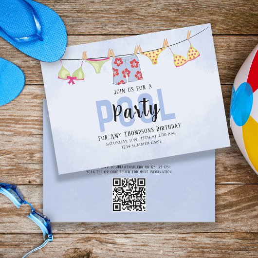 Birthday Whimsical Pool Party Swimsuits QR Code Einladung