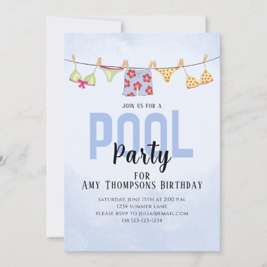 Birthday Whimsical Summer Pool Party Fun Swimsuits Einladung (Vorderseite)