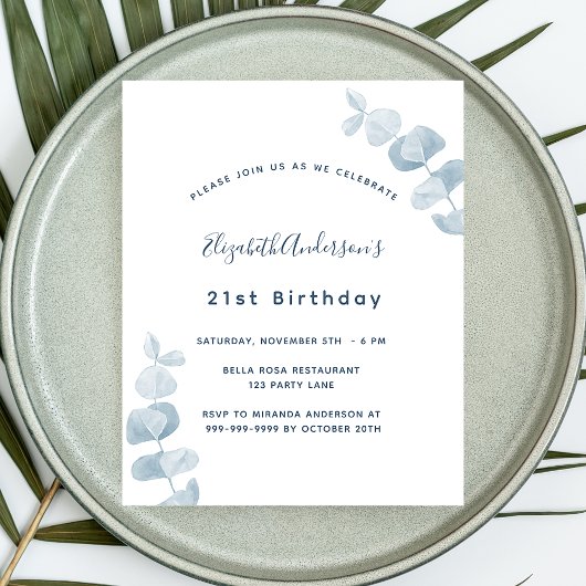 Birthday white blue eucalyptus budget ausschreibun flyer