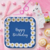 Birthday White Daisy Border on Blue Pappteller (Party)