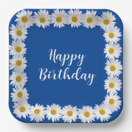 Birthday White Daisy Border on Blue Pappteller