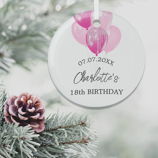 Birthday White Pink Ballloons Name Ornament Aus Glas