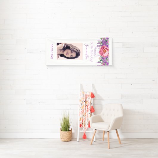 Birthday white pink lila Glitzer Blumensträuße Fot Banner (Insitu)