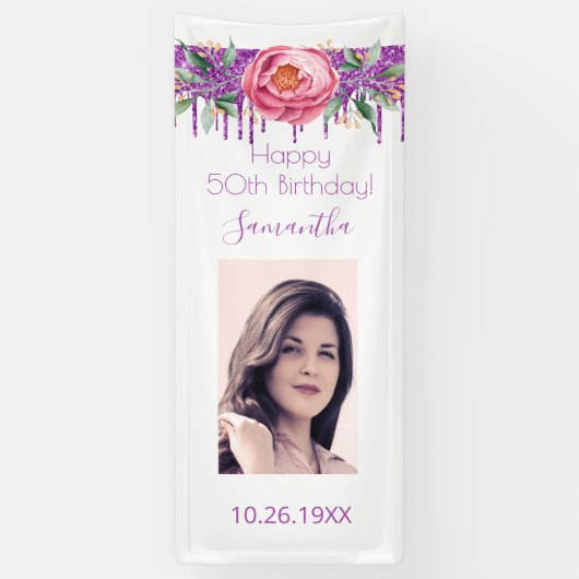 Birthday white pink lila Glitzer Blumensträuße Fot Banner (Vertikal)