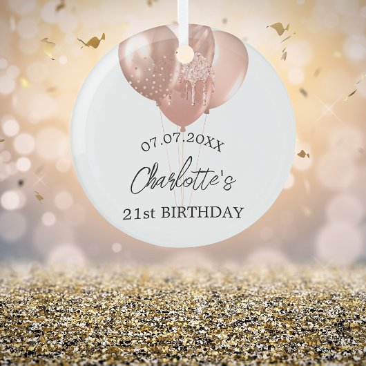 Birthday White Rosa Goldballons Name Ornament Aus Glas