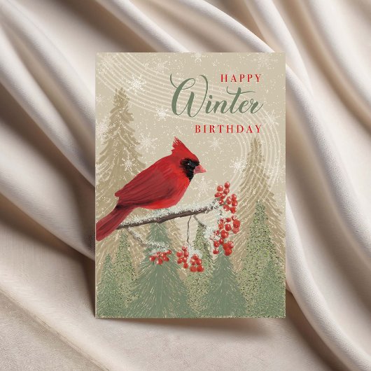 Birthday Winter Trees Berries and Cardinal  Karte