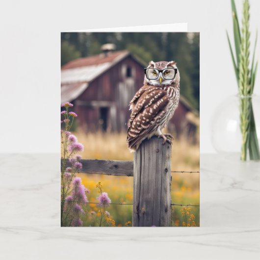 Birthday Wise Owl auf Zaun Post Karte (Vorderseite)