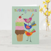 Birthday Wishes with Ice Cream and Birds Karte (Gelbe Blume)