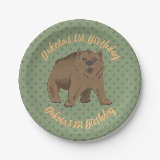 Birthday Woodland Brown Bear Cube Pappteller (Vorderseite)