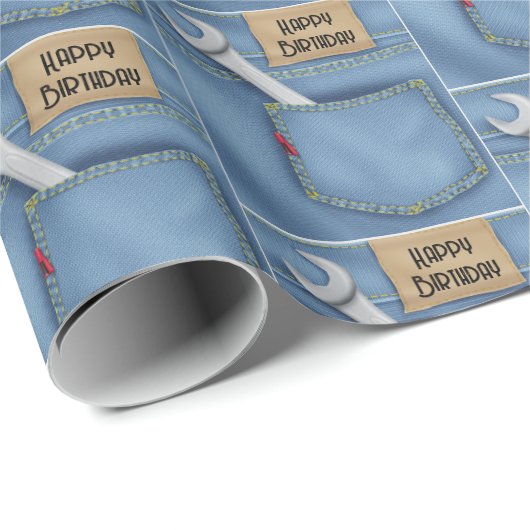 Birthday Wrench in Jean Pocket Geschenkpapier (Rolleneckpunkt)