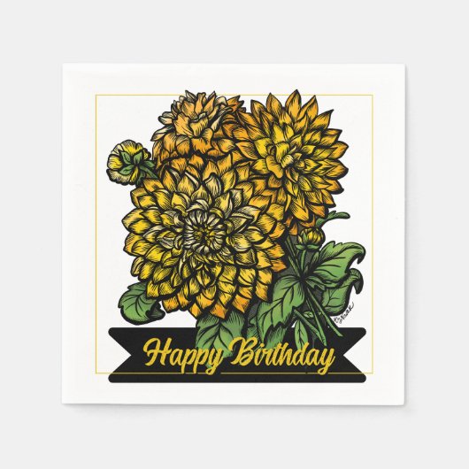 Birthday Yellow Dahlias Floral Serviette (Vorderseite)