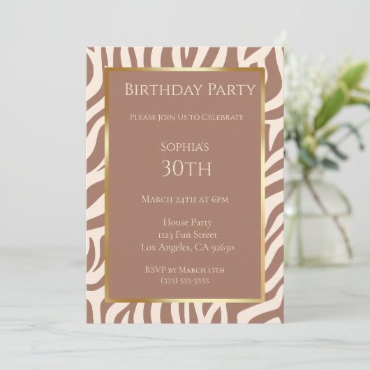 Birthday-Zebra Pattern-Mocha Mousse - Einladung (Stehend Vorderseite)