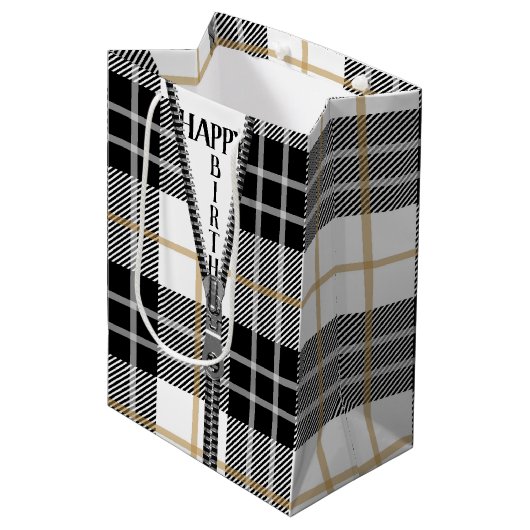 Birthday Zipper auf Tartan Kariert Mittlere Geschenktüte (Vorderseite Schrägansicht)