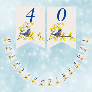 BirthdayBlue Red Bird auf Branly Yellow Flowers Wimpelkette
