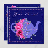 Birthdayl Tea Einladungen Teapot und rosa Blume (Vorne/Hinten)