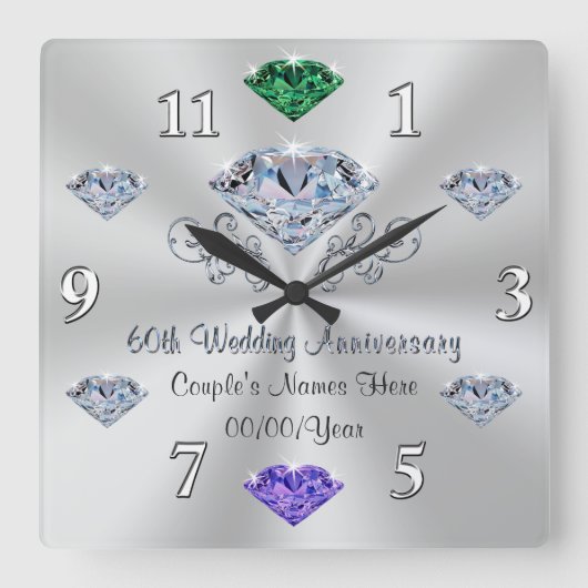Birthstone 60. Hochzeitstag Geschenkideen Quadratische Wanduhr (Vorderseite)