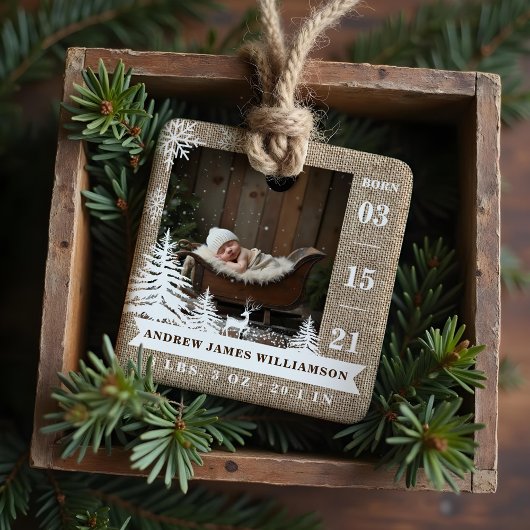Birwn Burlap Pine Tree Baby Birth Stats & Fotos Keramikornament