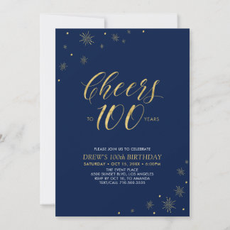 Bis 100 | Gold & Navy 100. Geburtstagsparty Einladung