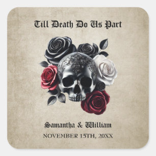 Bis dass der Tod uns scheidet Vintage-Hochzeit Hal Quadratischer Aufkleber