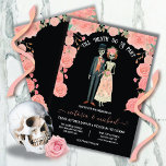 Bis der Tod, Teil Skelettheirat Einladung<br><div class="desc">Bis zum Tode machen wir Party Skelettbräute und Bräutigam mit pachy rosa Blume auf einem schwarzen Hintergrund. Ideal für das Gothepaar oder ein Paar, das zu Halloween- oder Totenzeiten heiraten wird! Die Hintergrundfarbe kann geändert werden und alle Texte. Weitere Änderungen finden Sie unter Anpassen dieser Vorlage. Am unteren Rand sehen...</div>