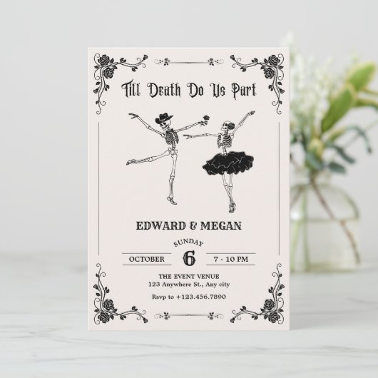 Bis der Tod uns Teil einer gotischen Schädelhochze Einladung (Stehend Vorderseite)