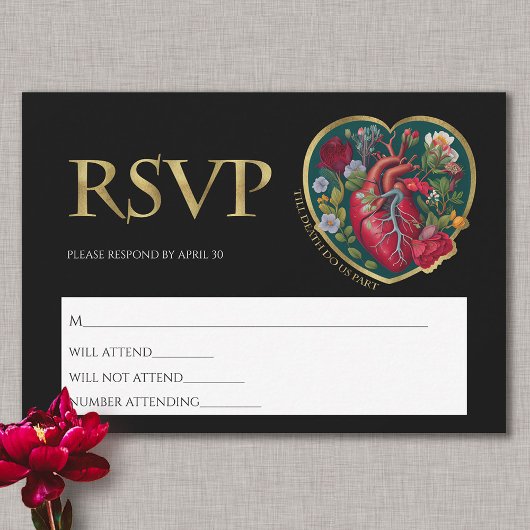 Bis der Tod uns Teil Goth Heart Gold Halloween RSVP Karte