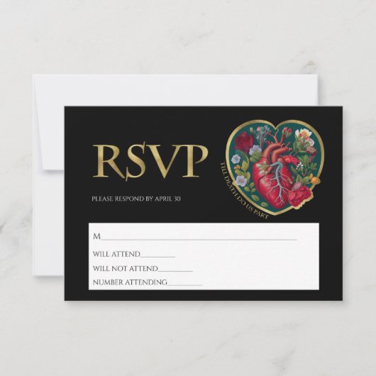 Bis der Tod uns Teil Goth Heart Gold Halloween RSVP Karte (Vorderseite)