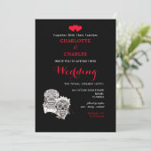 Bis der Tod uns Teil Skulls Red Black Wedding mach Einladung (Stehend Vorderseite)