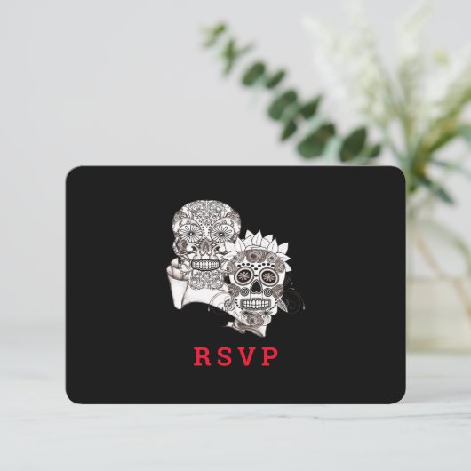 Bis der Tod uns Teil Skulls Red Black Wedding mach RSVP Karte (Stehend Vorderseite)