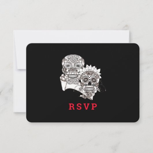 Bis der Tod uns Teil Skulls Red Black Wedding mach RSVP Karte (Vorderseite)