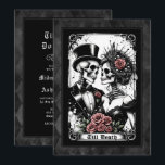 Bis der Tod uns Teil Tarot Hochzeit Einladung<br><div class="desc">Dunkelschöne Hochzeitseinladung mit Till Death Do Us Part Sprichwort, Tarot Card Stil und Braut und Bräutigam Skelett Paar. Blackletter Typografie fügt genau die richtige Touch hinzu. Fügen Sie Ihre Hochzeitsdetails hinzu, um eine besondere Einladung zu erhalten, um Ihren persönlichen Stil zu zeigen. Sehen Sie die Koordination der Artikel in unserem...</div>