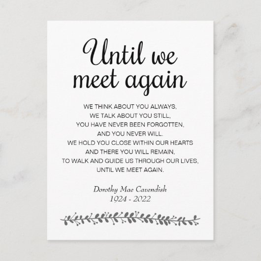 Bis wir wieder Beerdigung Gedicht Memorial treffen Postkarte (Vorderseite)