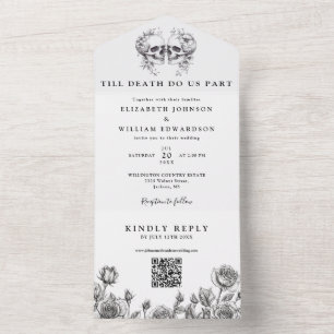 Bis-zu-Tod-Blumen-Schädel-QR-Code-Gothic-Hochzeit All In One Einladung
