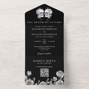 Bis-zu-Tod-Blumen-Schädel-QR-Code-Gotische-Hochzei All In One Einladung