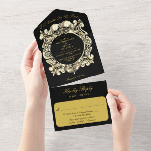 Bis-zu-Tod-Gothic-Schwarz-und-Gold-Monogramm-Hochz All In One Einladung
