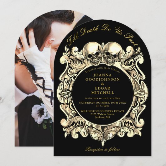 Bis zum gotischen Schwarz-Gold-Foto Hochzeit Einladung (Vorne/Hinten)