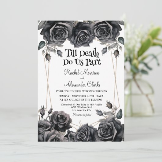 Bis zum Tod Black Florals Gothic Wedding Einladung (Stehend Vorderseite)