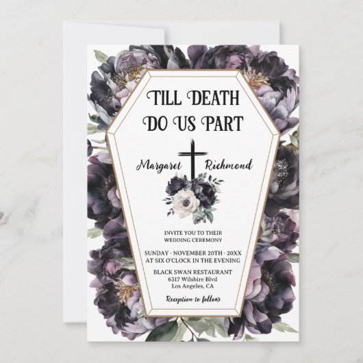 Bis zum Tod | Black Peonies Coffin Gothic Wedding Einladung (Vorderseite)