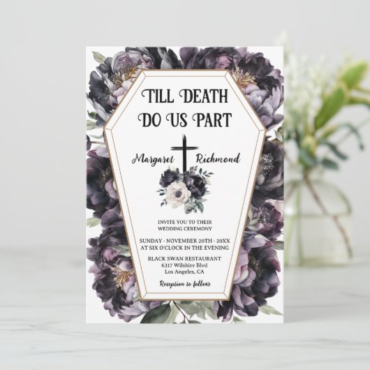 Bis zum Tod | Black Peonies Coffin Gothic Wedding Einladung (Stehend Vorderseite)