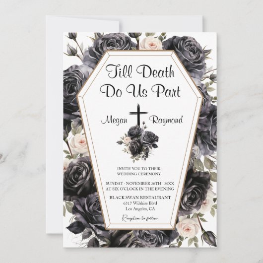 Bis zum Tod | Coffin Gothic Wedding Black Rose Einladung (Vorderseite)