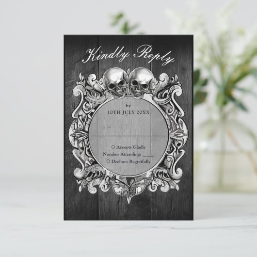 Bis zum Tod Gothic Black Rustic Wood Wedding RSVP Karte (Stehend Vorderseite)