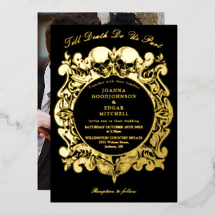 Bis zum Tod Gothic-Foto-Hochzeit Schwarz und Gold Folieneinladung