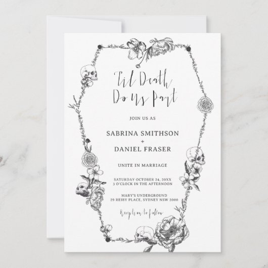 Bis zum Tod Gothic Handgezeichnete Blume Skull-Cof Einladung (Vorderseite)