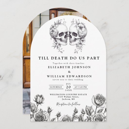 Bis zum Tod Gothic Skulls Foto Wedding Arch Einladung (Vorne/Hinten)