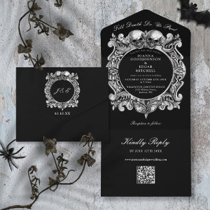 Bis zum Tod Gothic Skulls QR Code Hochzeit All In One Einladung