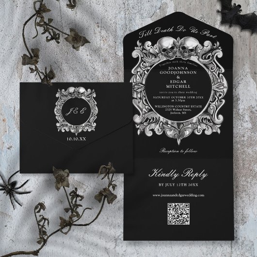 Bis zum Tod Gothic Skulls QR Code Hochzeit All In One Einladung