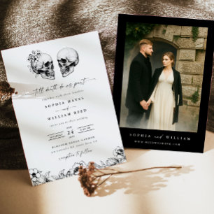 Bis zum Tod Gothic-Totenkopf-Foto-Schwarze Blumenh Einladung